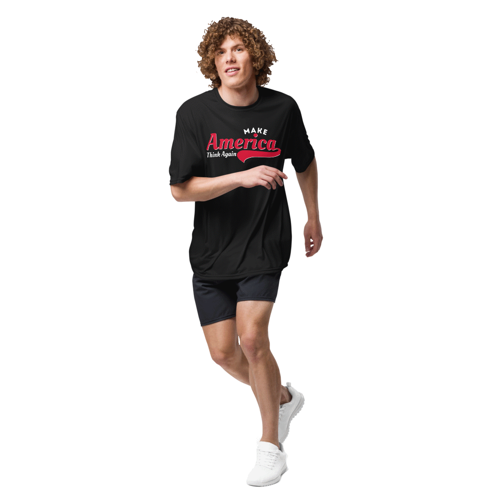 Make America Think Again tshirt black male model trans