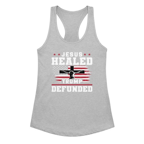 Women’s fitted racerback tank top - Jesus Healed Trump Defunded - Image 4