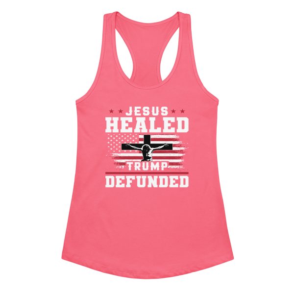 Women’s fitted racerback tank top - Jesus Healed Trump Defunded - Image 2
