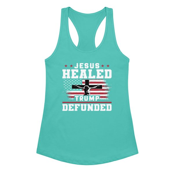 Women’s fitted racerback tank top - Jesus Healed Trump Defunded - Image 3
